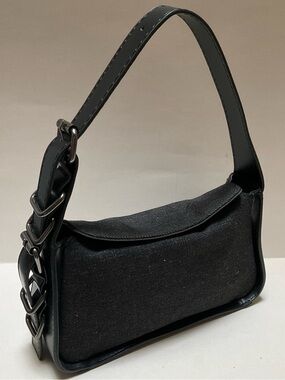 NWOT Black Denim Shoulder Bag with Buckle-Detail Strap Top Handle Emo Edgy